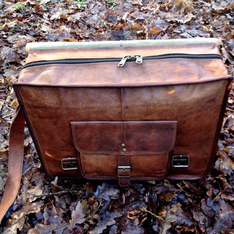 15 Hand Made Leather Satchel Tan Briefcase Laptop Portfolio Messenger Bag Real Leather Portfolio Attache zdjęcie 4