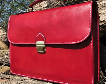 Maletín rojo de cuero italiano hecho a mano de 15 ", cartera para portátil, bolso de mensajero, bolso de oficina de cuero real