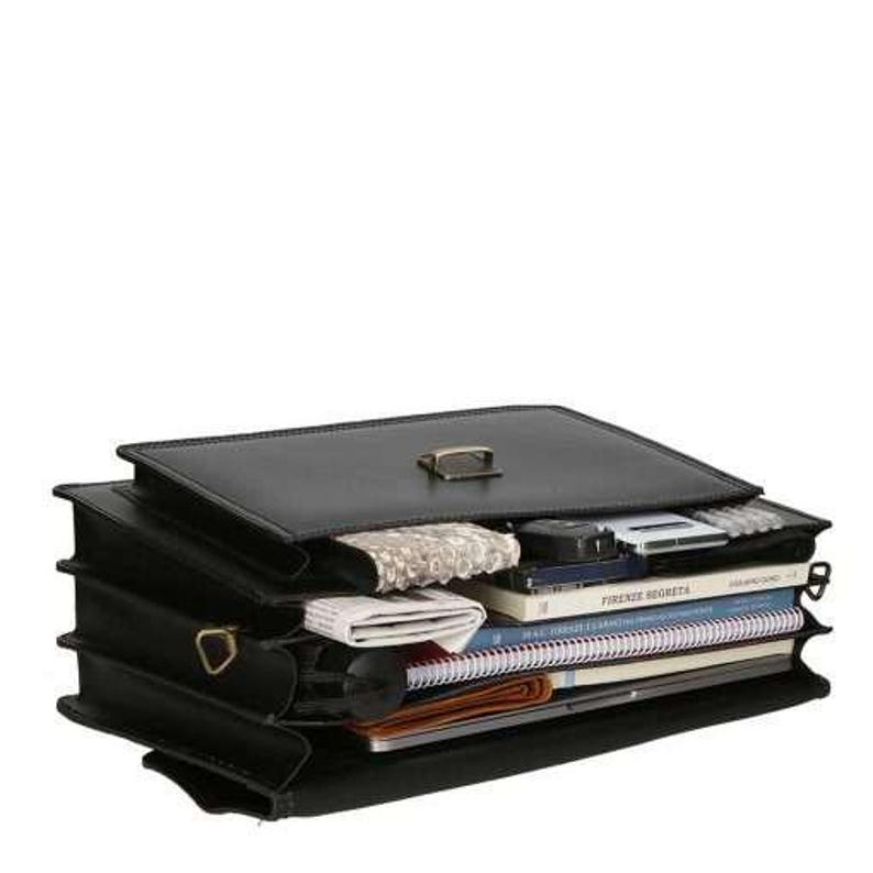 May include: Black leather briefcase, open to reveal contents. The briefcase has a gold-colored clasp and hardware. Inside are books, a wallet, a notepad, and other items. The briefcase is designed with multiple compartments for organization.