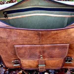 15 Hand Made Leather Satchel Tan Briefcase Laptop Portfolio Messenger Bag Real Leather Portfolio Attache zdjęcie 5