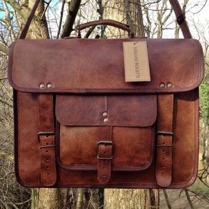 15 Hand Made Leather Satchel Tan Briefcase Laptop Portfolio Messenger Bag Real Leather Portfolio Attache zdjęcie 3