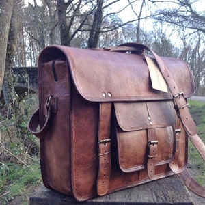 15 Hand Made Leather Satchel Tan Briefcase Laptop Portfolio Messenger Bag Real Leather Portfolio Attache zdjęcie 2