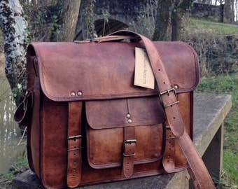 15" Hand Made Leather Satchel Tan Briefcase Laptop Portfolio Messenger Bag Real Leather Portfolio Attache