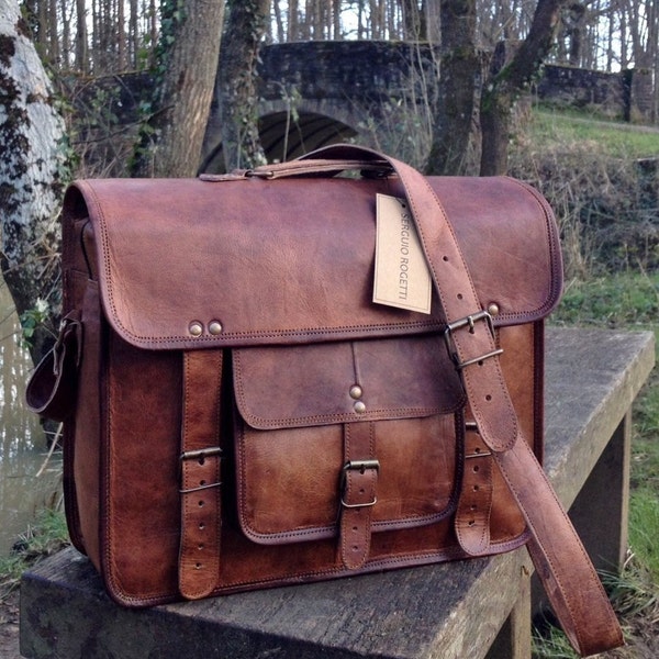15" Hand Made Leather Satchel Tan Briefcase Laptop Portfolio Messenger Bag Real Leather Portfolio Attache