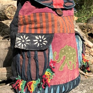 Indie Boho Hippy Backpack, Hand Made Cotton Bag, Elephant Design Hippie Beach Peace Festival Rucksack Retro Style image 2