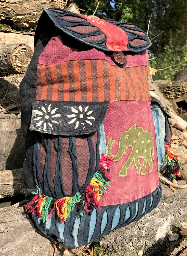 Indie Boho Hippy Backpack, Hand Made Cotton Bag, Elephant Design Hippie Beach Peace Festival Rucksack Retro Style image 2
