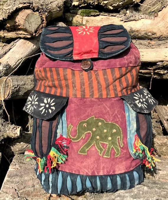 Indie Boho Hippy Backpack Hand Made Cotton Bag Elephant Design