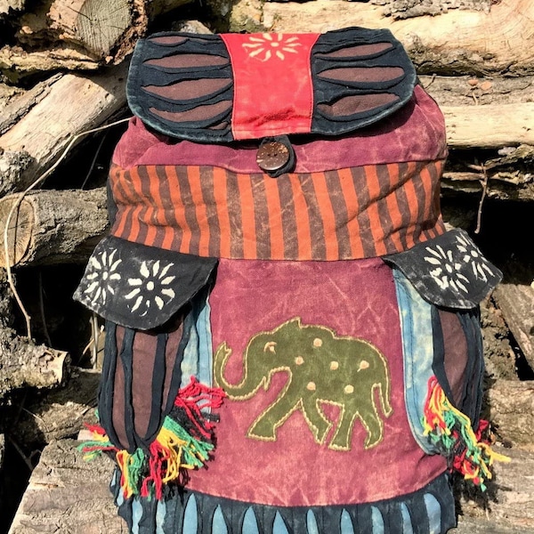 Indie Boho Hippy Backpack, Hand Made Cotton Bag, Elephant Design Hippie Beach Peace Festival Rucksack Retro Style