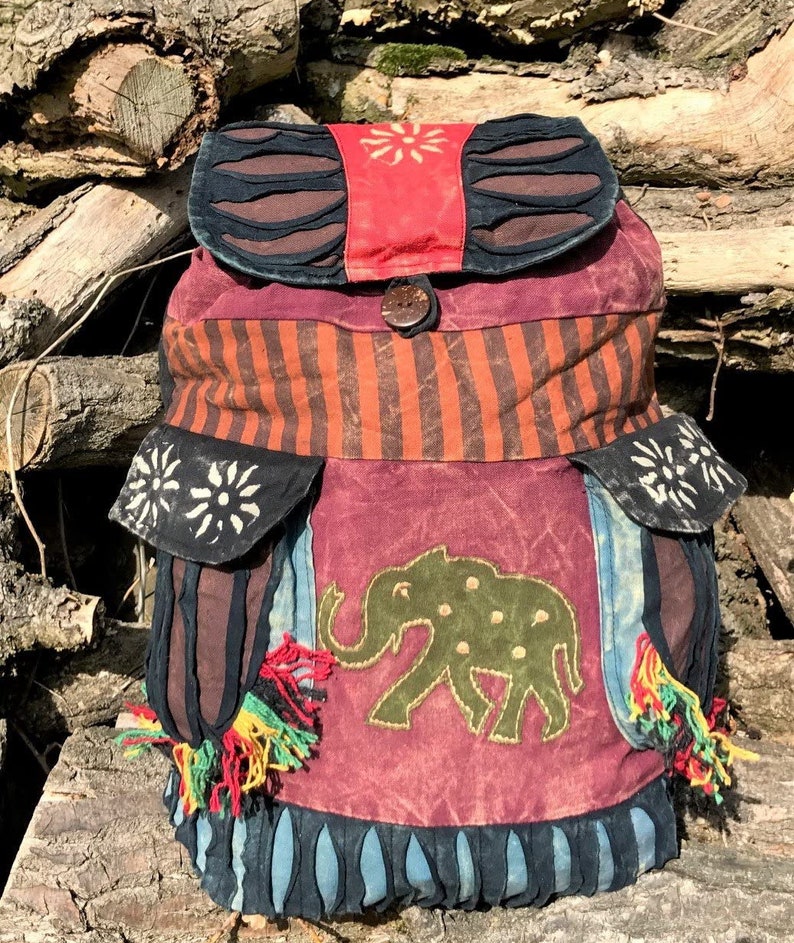 Indie Boho Hippy Backpack, Hand Made Cotton Bag, Elephant Design Hippie Beach Peace Festival Rucksack Retro Style image 1