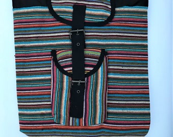 SECONDS Indie Boho Hippy Rucksack, Handgemachte Baumwolltasche, Stripy Design Hippie Beach Peace Festival Rucksack Retro Style