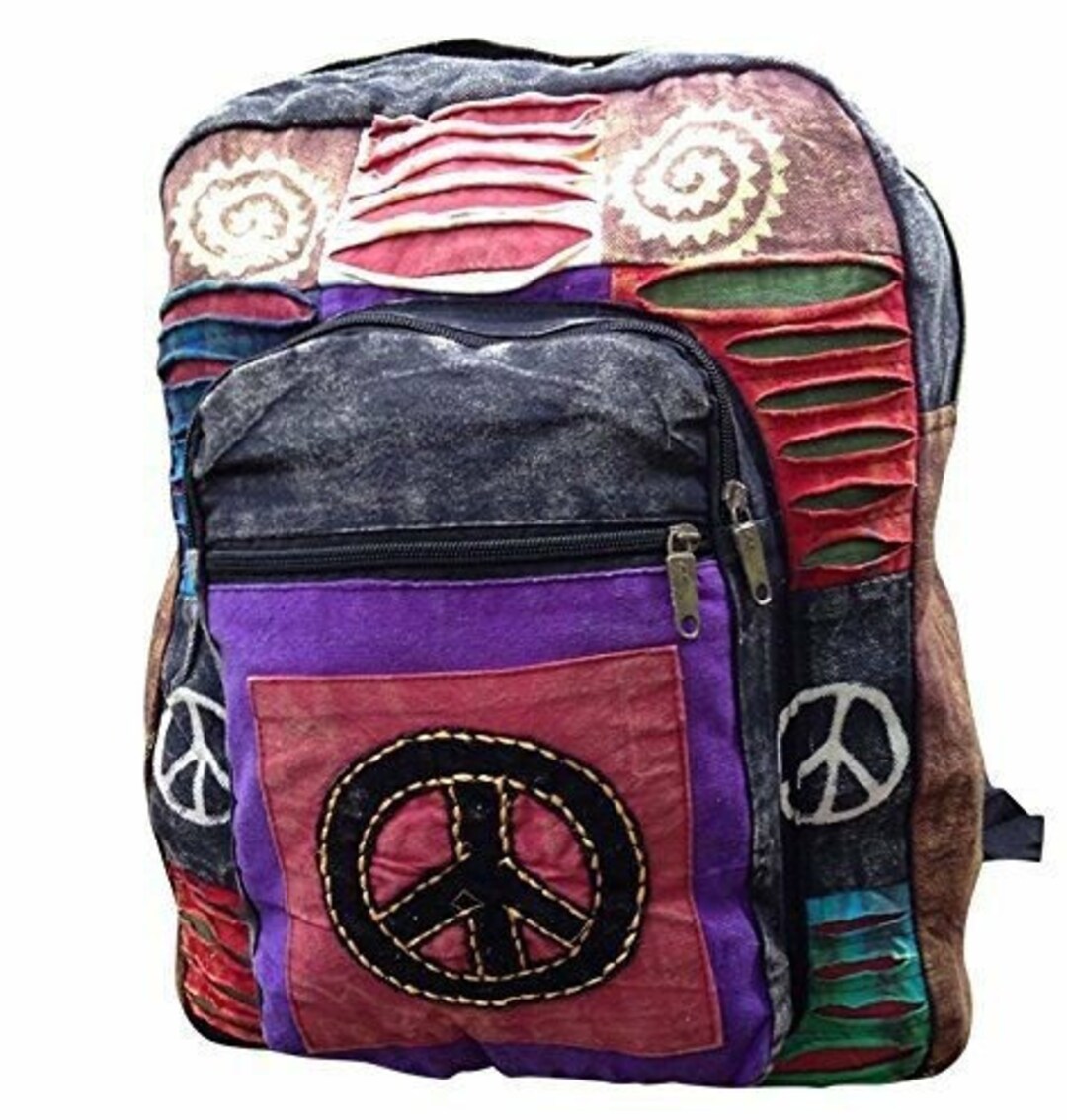 Indie Boho Hippy Backpack, Hand Made Cotton Bag, Peace Symbol Design