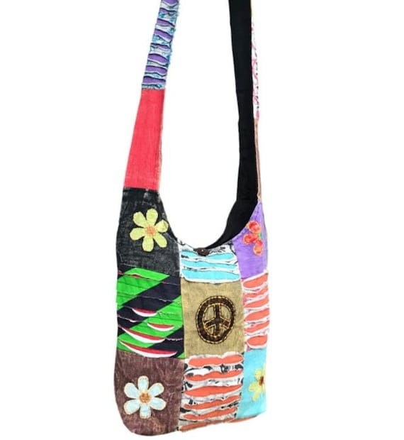 Boho Hippy Sling Bag Hippie Beach Handbag Shoulder Peace Symbol Nappy Festival Retro Style Cross Body Bag Gift idea