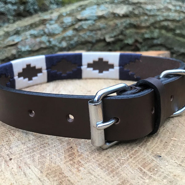 Handgemachtes Leder bestickt Polo Hundehalsband Medium / Große Schnalle Argentinien Argentinier Stil