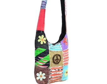 Boho Hippy Sling Bag Hippie Beach Handbag Shoulder Peace Symbol Nappy Festival Retro Style, Cross Body Bag Gift idea