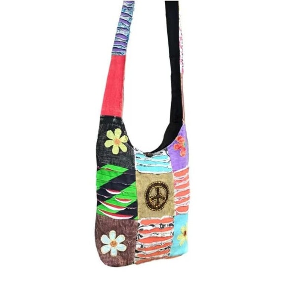 Boho Hippy Sling Bag Hippie Beach Sac à main Épaule Symbole de la paix Nappy Festival Style rétro, Idée cadeau sac à bandoulière