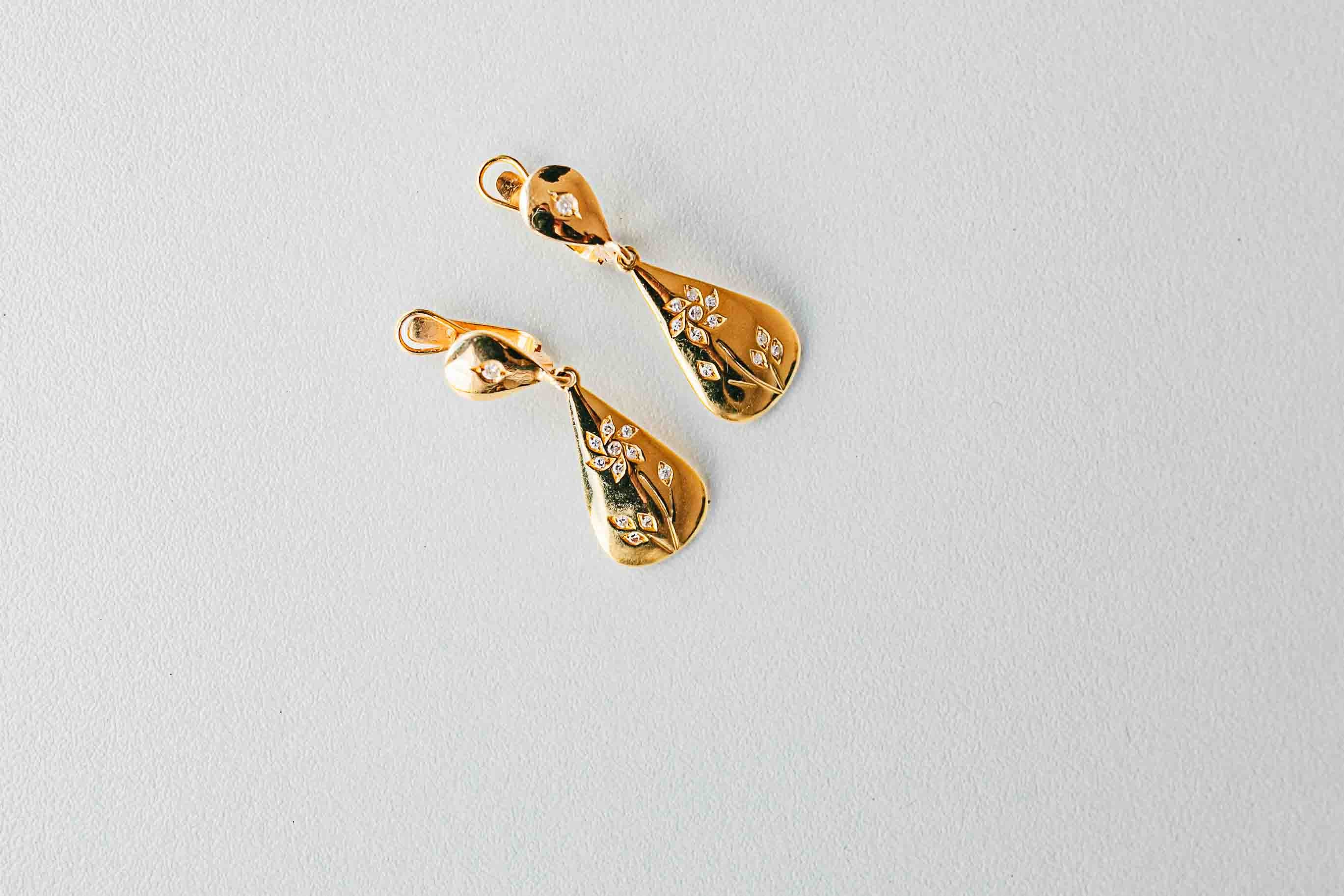 Antique Traditional Pure Solid Gold Drop Earrings With Diamonds 19.2K ...