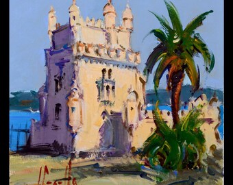 Original acrylic painting by Joan Sarquella. Belém Tower (Torre de Belém), Lisbon - Portugal.
