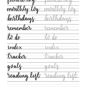 May include: A black and white image with a list of bullet journal ideas written in cursive calligraphy. The list includes "future log", "monthly log", "birthdays", "remember", "to do", "index", "tracker", "goals", and "reading list".