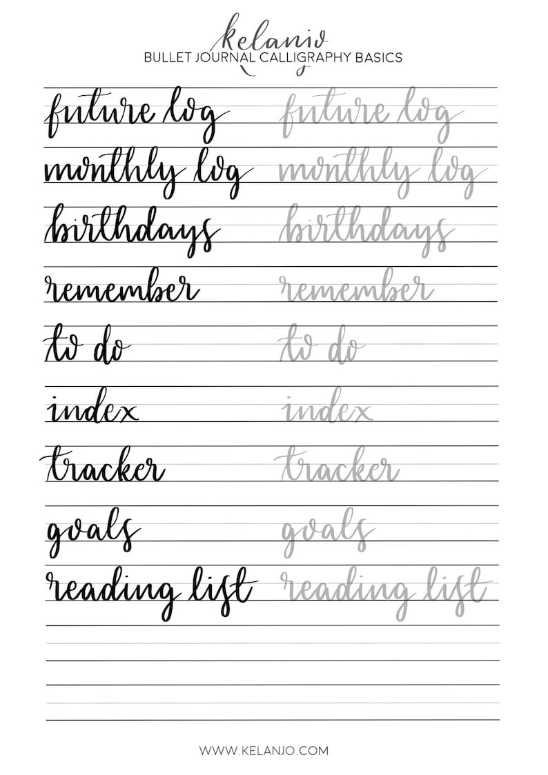 May include: A black and white image with a list of bullet journal ideas written in cursive calligraphy. The list includes "future log", "monthly log", "birthdays", "remember", "to do", "index", "tracker", "goals", and "reading list".