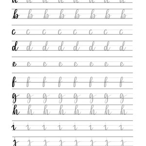 May include: A printable worksheet for practicing calligraphy with the letters a through k. Each letter is written in cursive script and repeated eight times on a line. The title of the worksheet is "Bullet Journal Calligraphy Basics" and the website "www.kelanjo.com" is at the bottom.