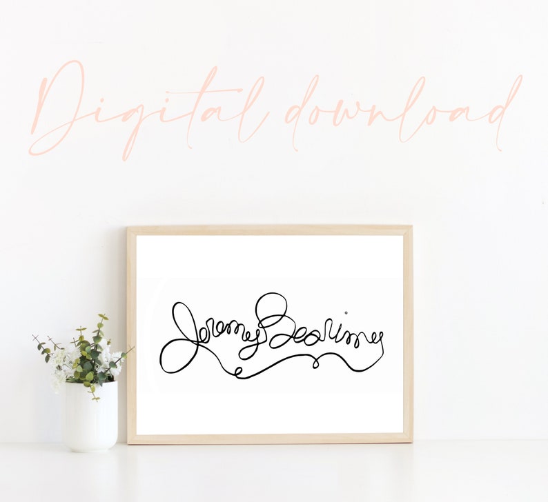 May include: A digital download of a black and white line drawing of the name "Jeremy Bearimer" in a cursive font.