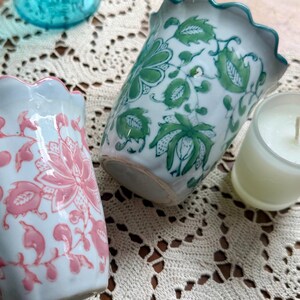Vintage Asian Flower Votive Candle Porcelain Ginger Pot Bud Vase Unique Gift Floral Trinket Holder Happy Birthday Pretty Pink Green White