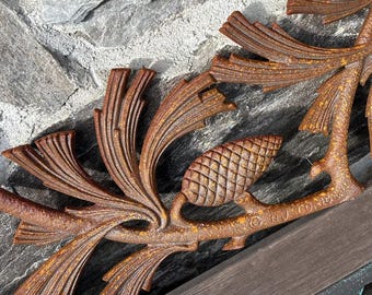Vintage Rusty IRON Father's Day Wispy Pine Cones Evergreen Branch Large Primitive Wall Art Rustic Country Unique Gift for Him Artist Stamp