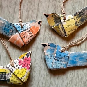 Vintage Paper Bird Ornaments Old Book Pages Welcome Summer Gift Touch of Nature Handmade Set of Flying Little Beauties Bird Watcher Delight