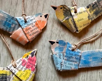 Vintage Paper Bird Ornaments Old Book Pages Welcome Summer Gift Touch of Nature Handmade Set of Flying Little Beauties Bird Watcher Delight