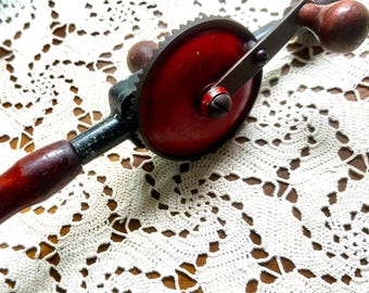 Antique Wood Metal Hand Turn Manual Drill Craftman USA This is So Dad Father's Day Striking Red Color Barn Find Vintage Gem Early 1900's