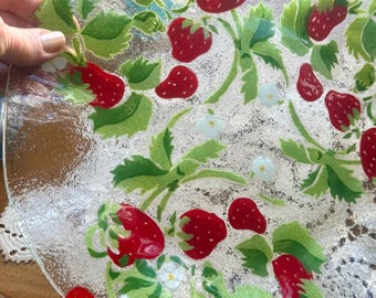 Vintage Strawberry Platter Fused Art Glass Large Scalloped Tray Peggy Karr NJ 1990 Red Berries Green Leave White Flower Unique Gift Eclectic