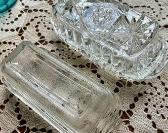 Vintage Clear Textured Glass Butter Dish Farmhouse Country Kitchen Mid Century Counter Breakfast Staple American Cut Glass Unique Gift Rare