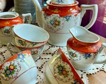 Vintage Teapot Set Made in Japan Unique Bright Color Creamer Sugar Bowl 4 Cup Fine Porcelain Gold Leaf Hand Painted Florals Tea House Lover