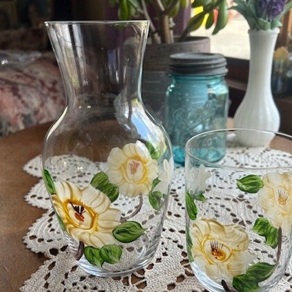 Vintage Bedside Glass Water Carafe & Tumbler Hand Painted Personal Tumble Up Bedroom Nightstand Desk Counter Unique Gift Happy Mother’s Day