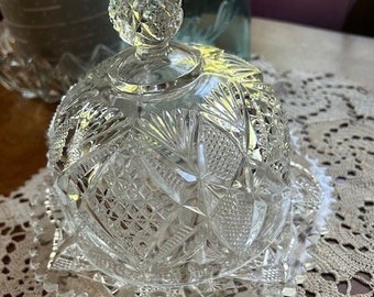 Vintage Cut Glass Domed Lid on Matching Dish ABP Cheese Butter Plate Crystal Early 1900's Unique Gift Compliment to Any China Sit and Chat