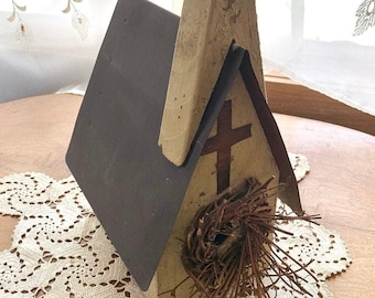 Vintage Indoor Birdhouse Happy Spring Rustic Church Shabby Chic Wood Primitive Twig Wreath Cottage Country Living Tin Roof Unique Gift