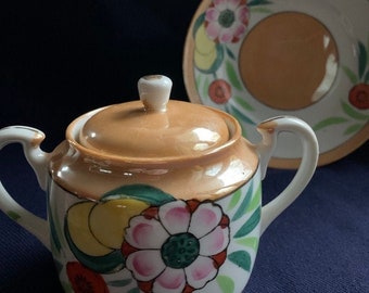 Vintage Lusterware Accents Hand Painted Sugar Bowl Plate Unique Shabby Chic Cottage Core Japan Antique One of a Kind Accent Love Tea House