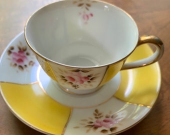 Vintage Yellow Tea Cup Demitasse Espresso Hand Painted China Pair UCAGCO Pretty Florals 1940 Warm Up Winter Afternoons Unique Stocking Gift