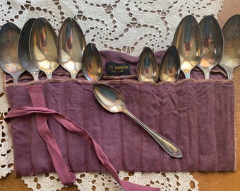 Vintage Silver Spoon Set Shabby Chic Tea Party Plated Stamping Geometric Art Deco Community Plate 11 Piece Set in Original Cloth Wrap