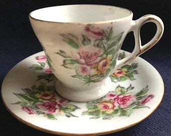 Vintage Tiny Tea Cup Demitasse Espresso Cocoa Japan Painted Saucer Set Pretty Little Flowers Unique Shabby Chic Gift Great Stocking Stuffer