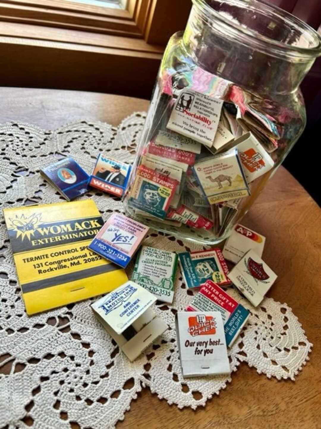 Vintage Match Book Collection Glass Jar of Ad Matches 1960s 70s Some
