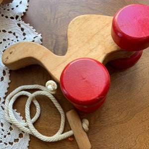 Vintage Wooden Pull Toy Handmade Toddler Fun Unique Eclectic Shower Gift Primitive 1st Easter Basket Shabby Chic Cottage Core USA 1990