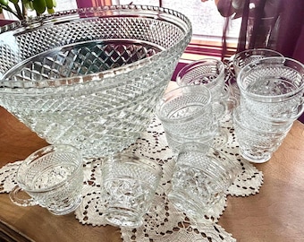 Vintage Punch Bowl & Cup Sets Early American Cut Glass Elegant Holiday Party Understated Brilliant Empire Cozy Winters Happy Valentine