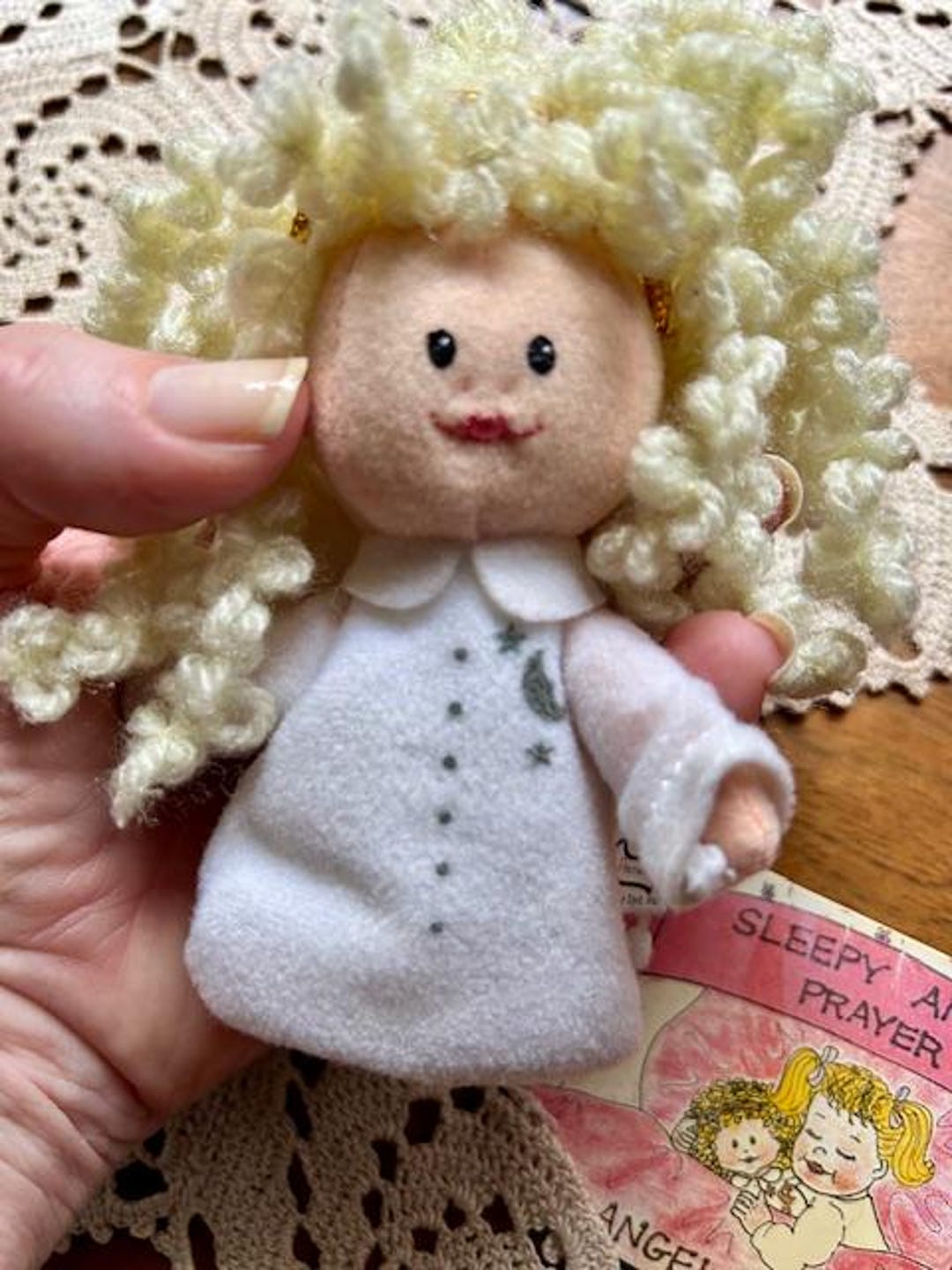 Vintage Teeny Prayer Angel Cuddly Curly Hair Bedtime Pillow Buddy