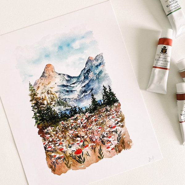 Watercolor Hand-Painted Mountain Landscape Fine Art Print | Posters and Prints Aesthetic, Nature Painting, Adventure, Home Office Decor