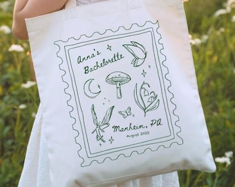 Bolsa de mano personalizada para despedida de soltera, regalo de dama de honor de Fairycore, recuerdo personalizado para fiesta de jardín, sello de garabato dibujado a mano, bolsa de bienvenida para boda