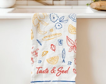 Hostess Gift Tea Towel Italian Inspired Cotton Kitchen Towel Taste and See Baking Gift Modern Culinary Decor for Foodie or Dinner Party Host