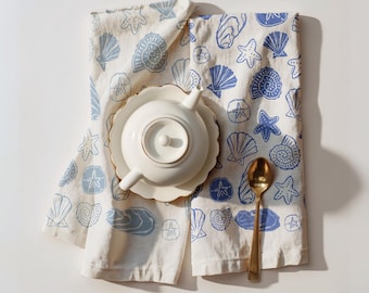 Oyster Tea Towel Bundle Seashell Dish Towel Cotton Nautical Beach House Gift Kitchen Decor Coastal Housewarming Gift Seashell Themed Doodles