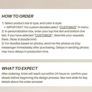 May include: A beige graphic with the text "HOW TO ORDER" and instructions for ordering custom doodles. The text includes steps for selecting product size, color, and style, and details about personalization and photo submissions.