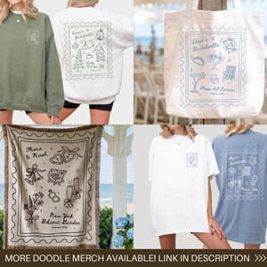 May include: Collection of merchandise featuring doodle designs. Includes a green sweatshirt, white sweatshirt, tote bag, throw blanket, white t-shirt, and blue t-shirt. Each item has a unique doodle design, with text that reads "Olivia & Noah" and "New York Botanic Garden".
